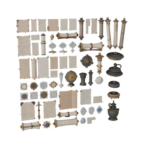 Fantasy Scroll Bundle High Poly 3D model, close-up studio render, showing paper-like cards, small readable forms.