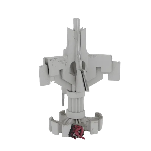 Renderização 3D de uma garra mecânica futurista com componentes brancos e metálicos e um detalhe vermelho na base, contra um
