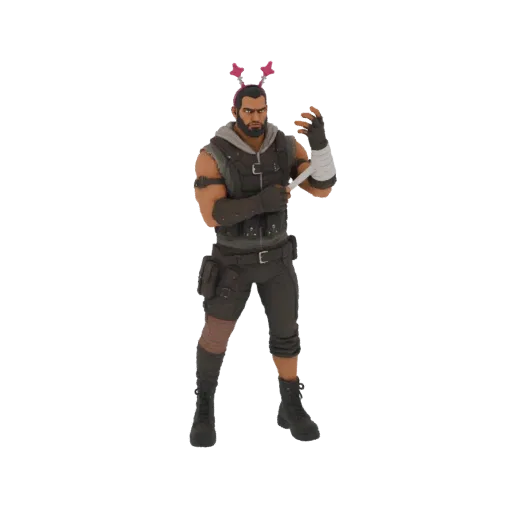 3D model of a rugged male warrior with a beard, wearing a tactical vest, pants, boots, and a pink antler headband, with one h