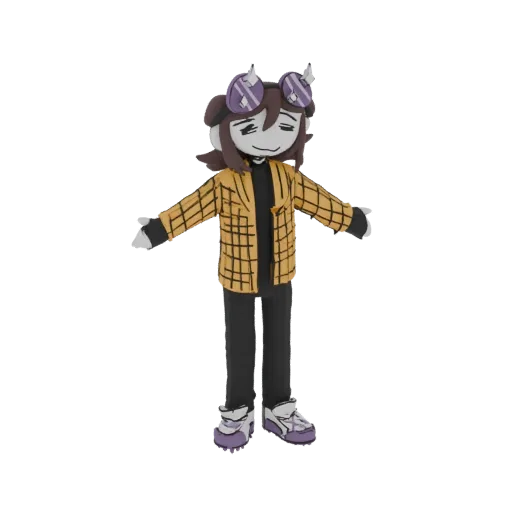 3D model of a claymation-style character with brown hair, purple goggles, a yellow plaid jacket, and arms outstretched.