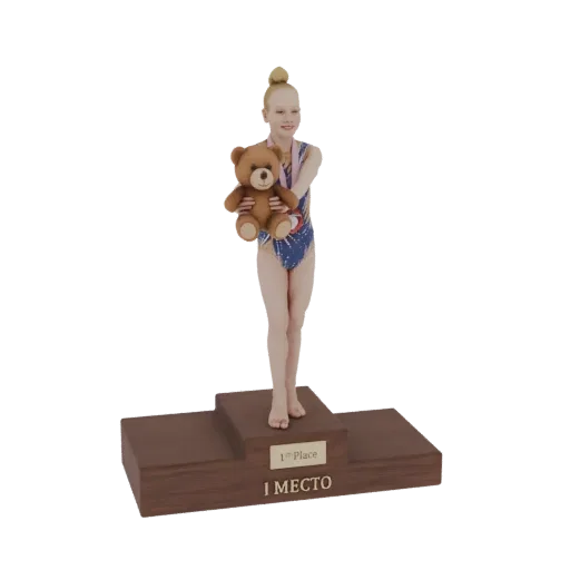 3D model of a young gymnast with blonde hair in a bun, wearing a blue and white leotard, holding a brown teddy bear and a med