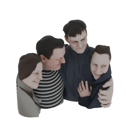 AI-generated 3D model of a family of four embracing, with a stylized, smooth appearance.