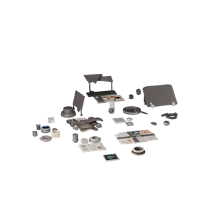 Modello 3D Ingombro Stilizzato per Mercato, rendering isometrico stilizzato, mostra carte di carta, piccole forme leggibili.