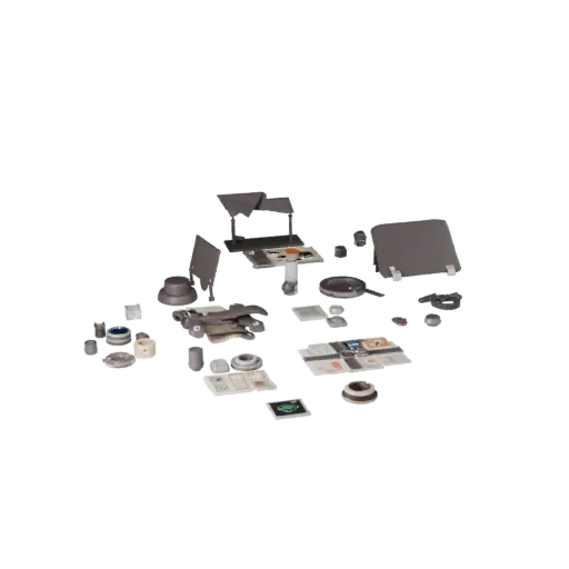 Market Street Clutter Stylized 3D model, stylized isometric render, showing paper-like cards, small readable forms.