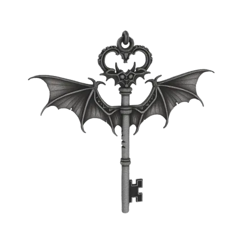 3D model of a gothic key with bat wings and a skull-like top, rendered in grayscale.