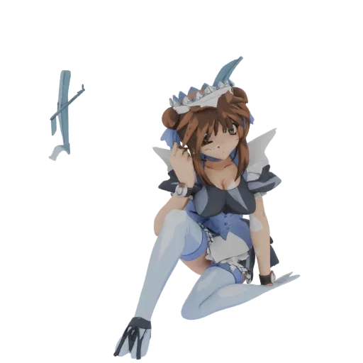 Modelo 3D de personagem de empregada de anime em pose sentada, vestindo um uniforme azul e branco de empregada com cabelo cas
