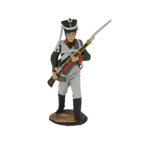 3D model of a Napoleonic era soldier in uniform, holding a musket, standing on a base.