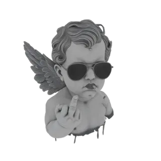 3D model of a cherub wearing sunglasses and smoking a cigarette, giving the middle finger, with a dripping base.