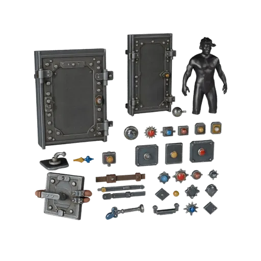 Dungeon Locked Door Panel Modular 3D model, isometric modular kit view, showing metal hinges, form detail.
