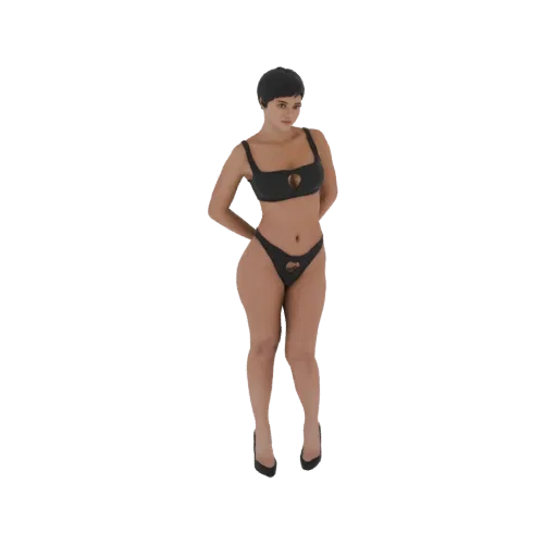 AI-generated 3D model of a woman with short dark hair, wearing a black bikini and black high heels, posing with hands behind her back.