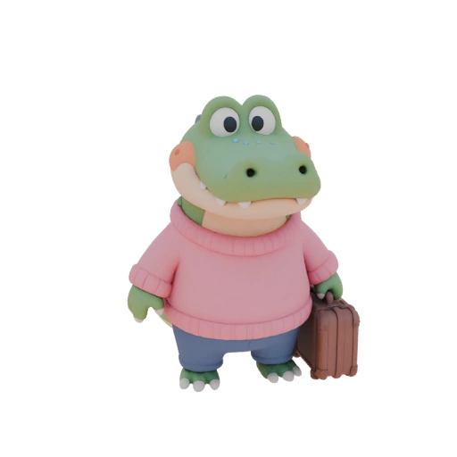 Crocodile Gena in pink sweater with suitcase