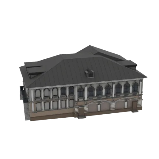 3D model of a detailed Baroque-style building with arched windows and a prominent roof, set against a black background.