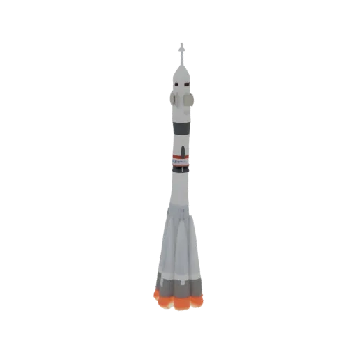 Modelo 3D del cohete Soyuz, una nave espacial alta y multi-etapa con cuatro propulsores en la base y una ojiva puntiaguda, so