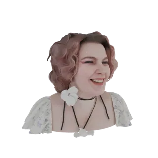 3D model of a woman with pink hair, laughing joyfully, wearing a white floral dress and a white flower pendant necklace.