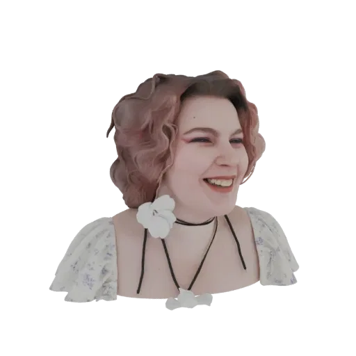 Modelo 3D de uma mulher com cabelo rosa, rindo alegremente, vestindo um vestido floral branco e um colar com pingente de flor