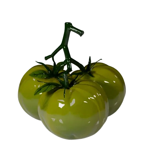Market Tomato Cluster Stylized 3D model, stylized isometric render, showing leaf veins, clear vegetable silhouettes.