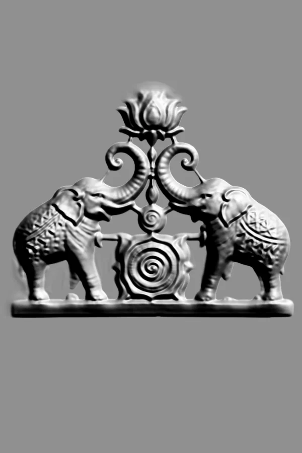 3D model of a bas-relief with two elephants holding a lotus flower with their trunks, featuring ornamental elements.