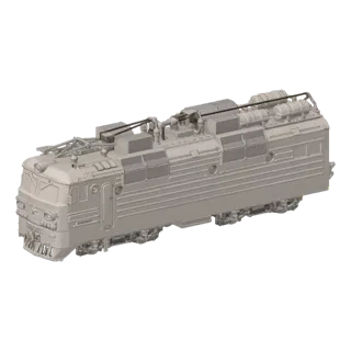 3D model of an unpainted electric locomotive, viewed from a three-quarter angle, showcasing its detailed exterior and roof eq