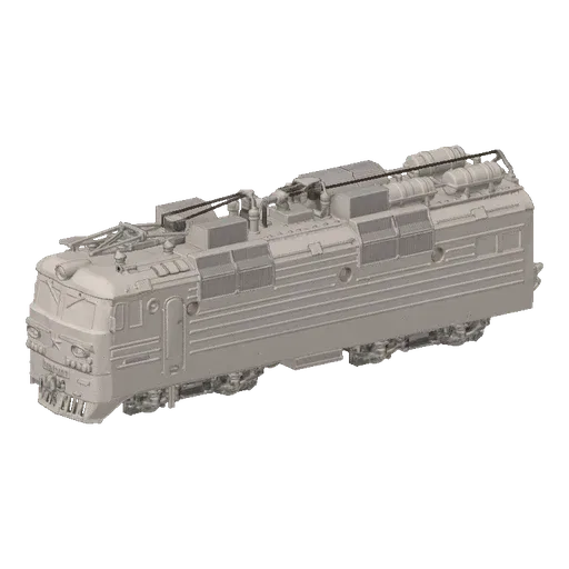 3D model of an unpainted electric locomotive, viewed from a three-quarter angle, showcasing its detailed exterior and roof eq
