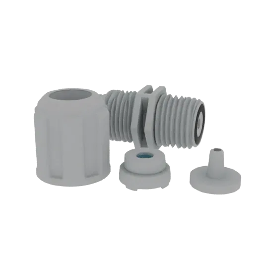 Modello 3D di un set passacavo smontato, che mostra il corpo principale, il dado e i componenti di tenuta su sfondo bianco.