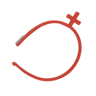 A 3D render of a bright red headband with a textured inner surface and a prominent red plus sign accent on one side, set agai