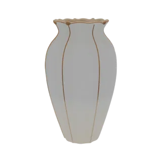 3D-Modell einer gerippten weißen Vase mit zartem Goldrand am oberen Rand und an den vertikalen Rillen, präsentiert auf weißem