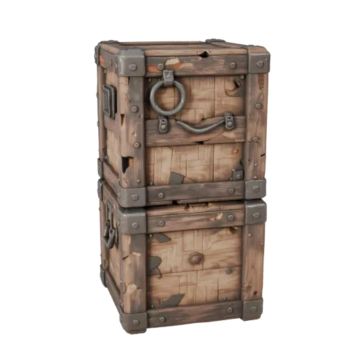 Weathered Crate 3D model, three-quarter front view, Unreal Engine viewport, showing wood planks, stackable massing.