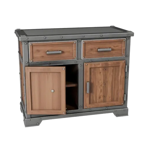 Industrial Cabinet High Poly 3D model, dining room, close-up studio render, painted wood detail.