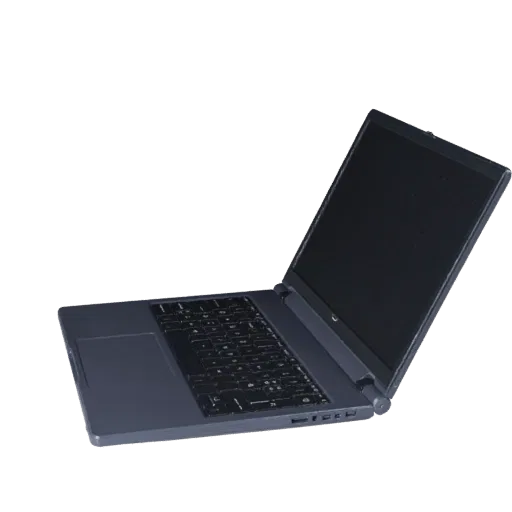 Gaming Convertible Notebook 3D model, three-quarter front view, Unity viewport, showing brushed metal, open lid angle.