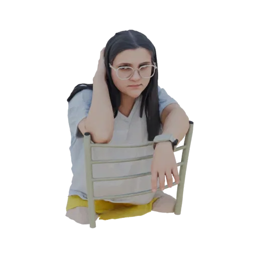 3D model of a young woman with glasses and yellow shorts sitting on a chair, looking towards the viewer.