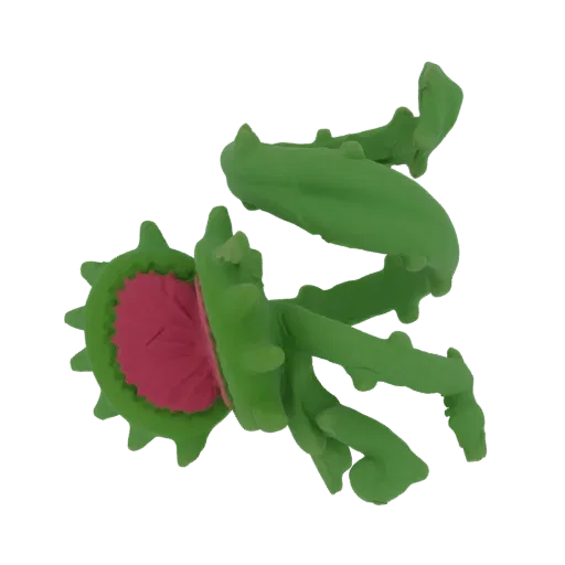 A 3D render of a green carnivorous plant monster with a large pink mouth and sharp teeth, surrounded by thorny vines.