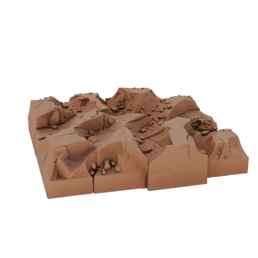 Badlands Ridge Tile Printable 3D model, isometric tabletop STL render, showing layered soil, dune ridges.