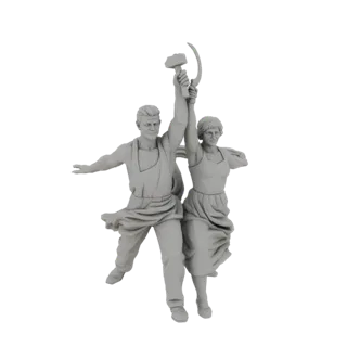 3D-Modell der 'Arbeiter und Kolchosbäuerin'-Skulptur, eine männliche und weibliche Figur mit erhobenem Hammer und Sichel.