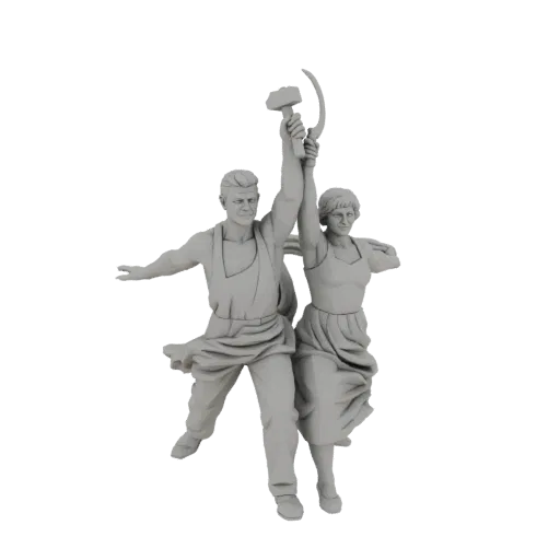 3D model of the 'Worker and Kolkhoz Woman' sculpture, a male and female figure holding a hammer and sickle aloft.