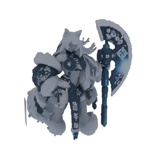 3D model of an Arctic Warrior character with feline ears, wearing ornate armor and holding a large, detailed axe with frost e