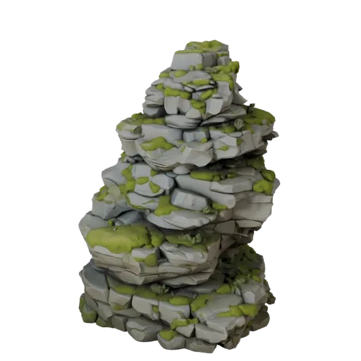 Mossy Stone Outcrop Stylized 3D model, stylized isometric environment render, showing stratified stone, rock faces.