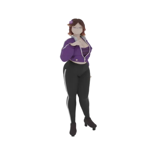 3D model of a woman with brown hair, wearing a purple jacket and black leggings, posing confidently.