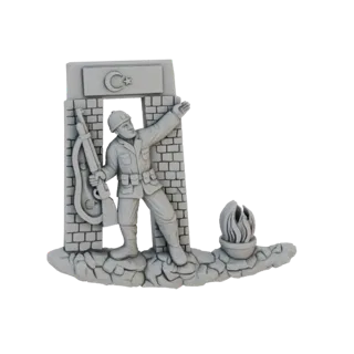 Modello 3D di un monumento a un soldato turco con arco in mattoni, bandiera turca e fiamma della memoria.