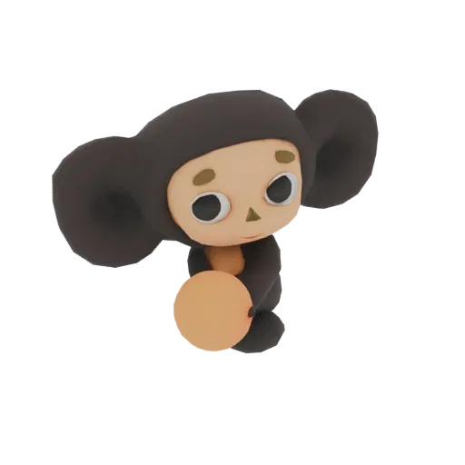 3D model of Cheburashka, a small, brown, bear-like creature with large ears, holding a bright orange in its paws, against a b