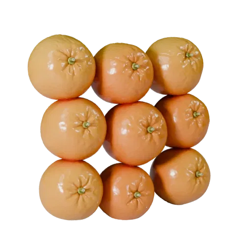Ripe Orange 3D model, three-quarter front view, Unity viewport, showing skin pores, recognizable fruit forms.