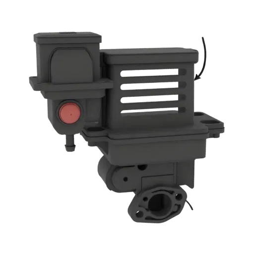 3D model of a gray industrial EGR valve with a red actuator, set against a black background.