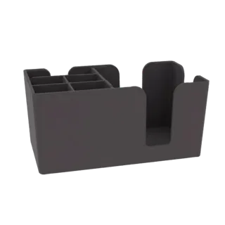 Modèle 3D d'un porte-barres gris foncé avec plusieurs compartiments pour pailles, touillettes et serviettes, vu sous un angle