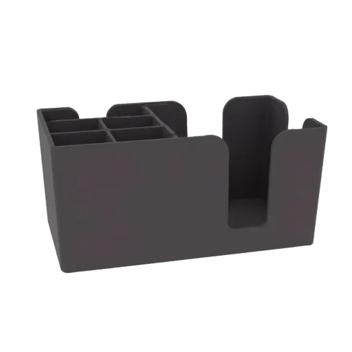 3D model of a dark gray bar caddy with multiple compartments for straws, stirrers, and napkins, shown from a front-side angle