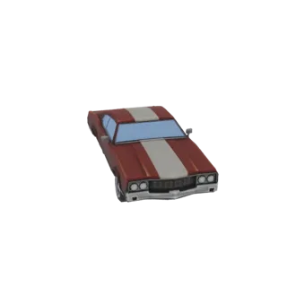 Modello 3D di una muscle car retrò vinaccia con strisce da corsa argentate, vista da un'angolazione anteriore a tre quarti.