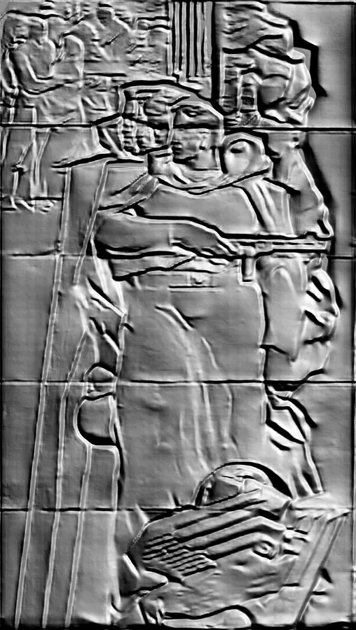 Modelo 3D de bajorrelieve con imagen de grupo de personas y soldado, en alto relieve.