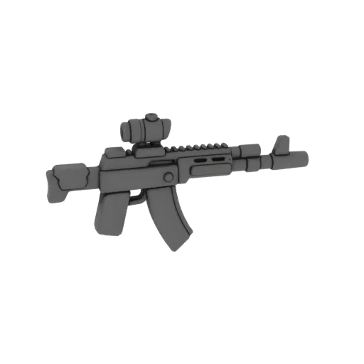 3D model of a gray tactical assault rifle with a mounted scope, viewed from the side.