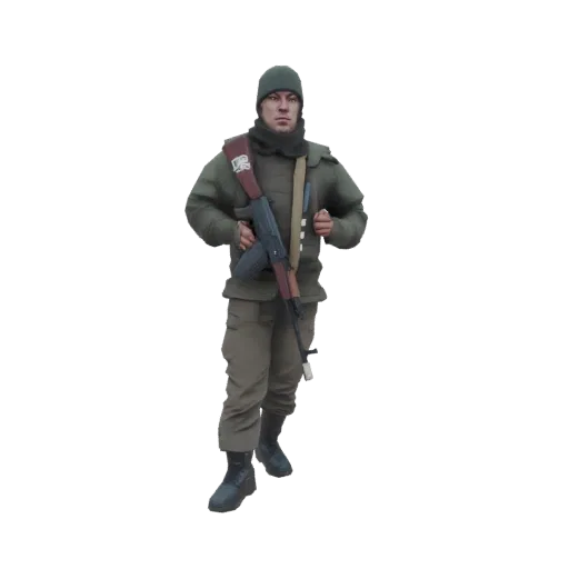 3D model of a soldier wearing a green beanie and jacket, holding an AK-47 rifle, with detailed tactical gear.