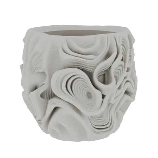 A 3D render of a white abstract vase with swirling, organic, and layered textures, presented on a white background.