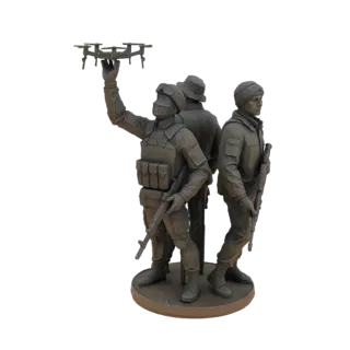 3D model of a modern military drone operator holding a drone, with two other soldiers armed with rifles, on a circular base.