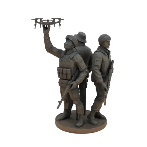 3D model of a modern military drone operator holding a drone, with two other soldiers armed with rifles, on a circular base.